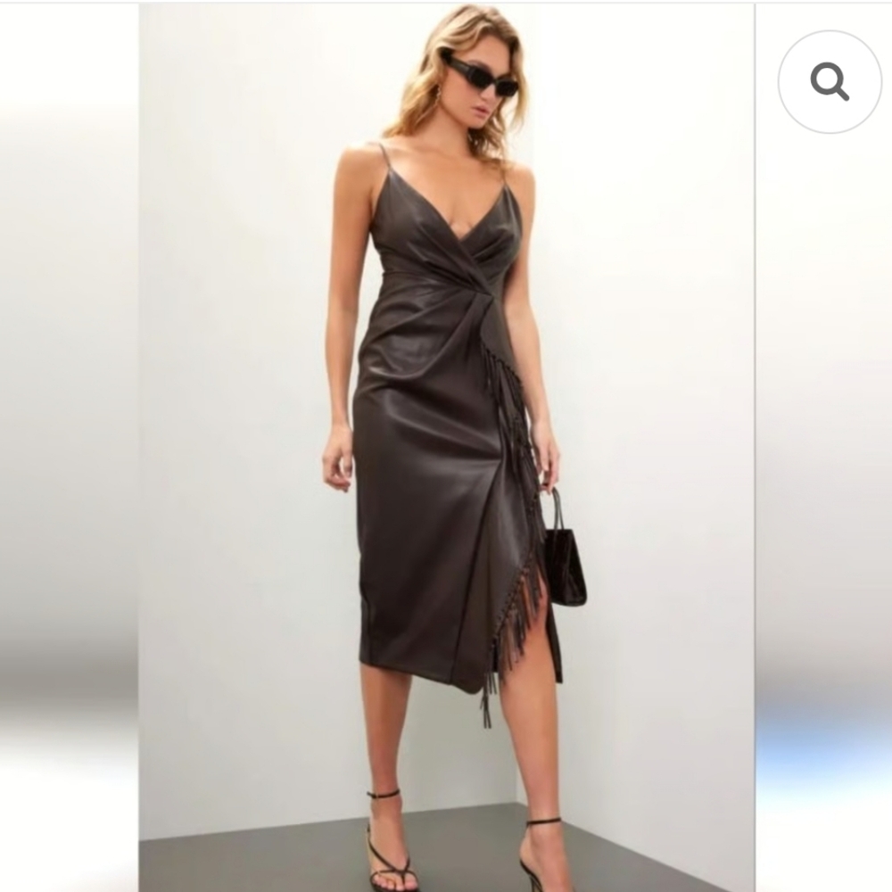JONATHAN SIMKHAI carlee fringe midi dress Chocolate Brown Western rock Sz 4 S XS